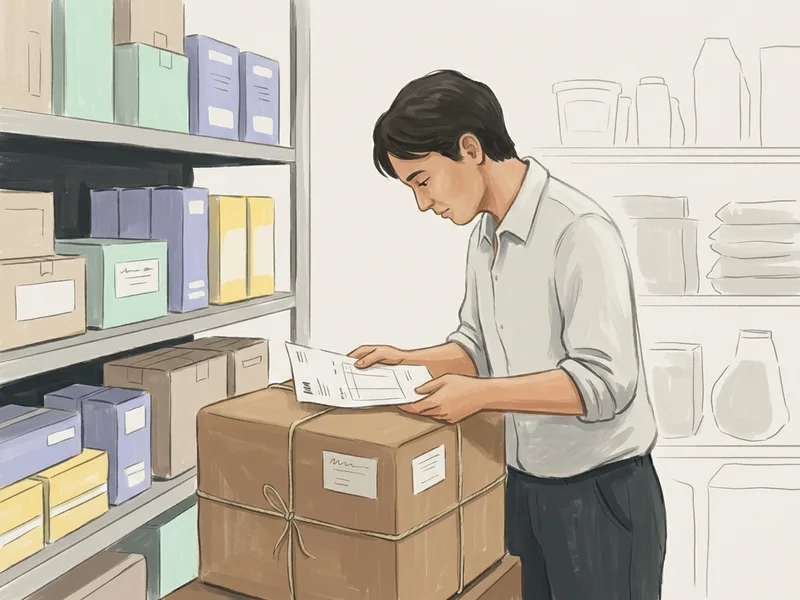 A shop owner in a stockroom reading a supplier bill on a delivered parcel