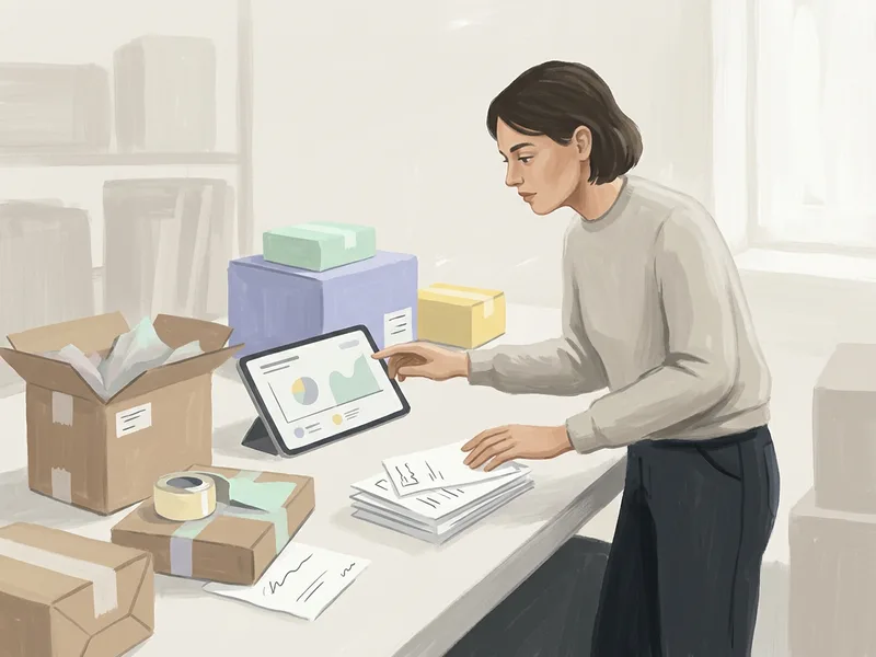 An online seller at a packing table checking a payout chart on a tablet