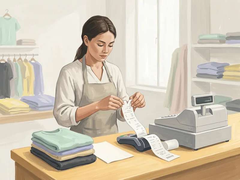 A shop assistant tearing off a long card-terminal receipt at the counter