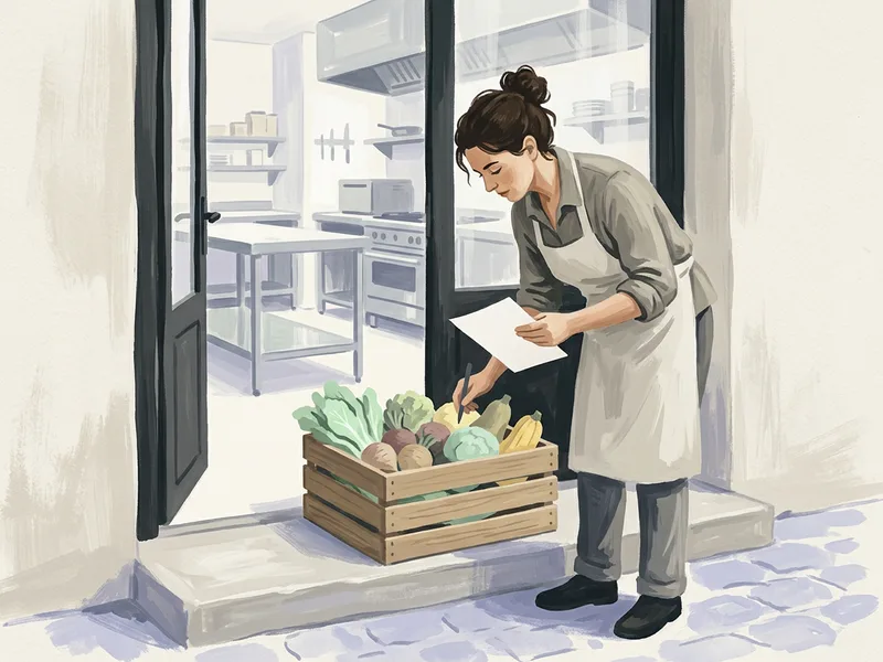 A chef at the open kitchen door checking a crate of vegetables against a delivery note