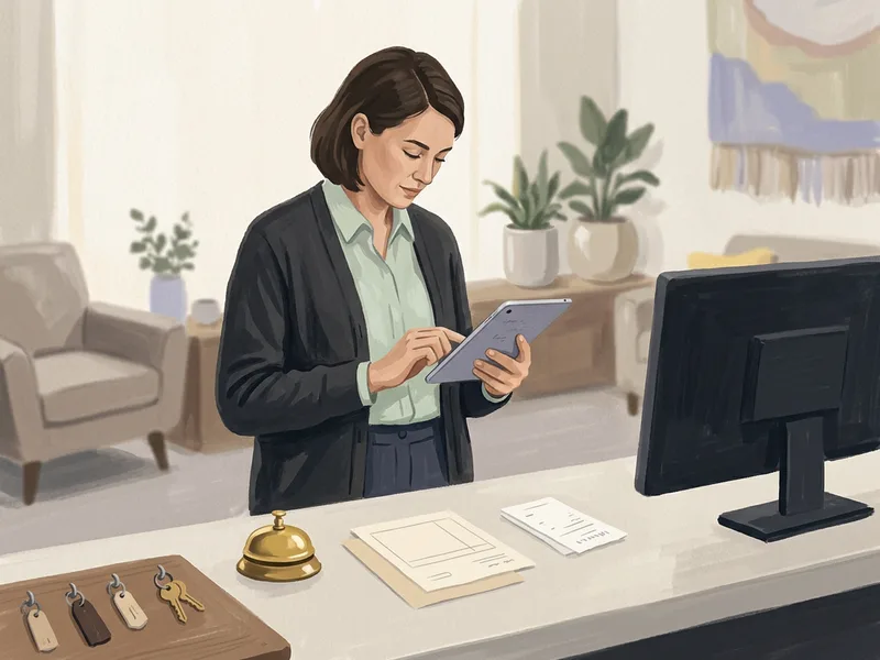 A hotel front-desk manager reading the staff rota on a tablet
