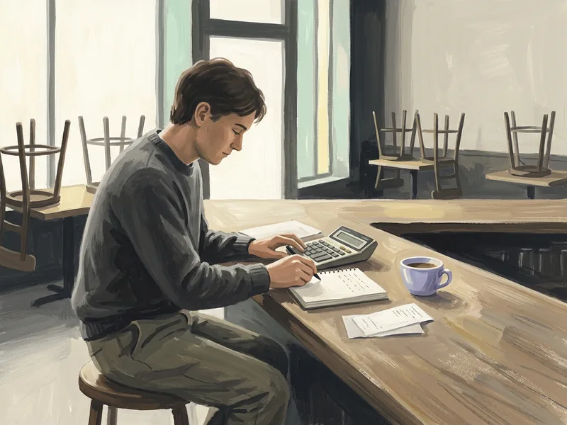 A café owner after closing, adding up staff hours at the counter