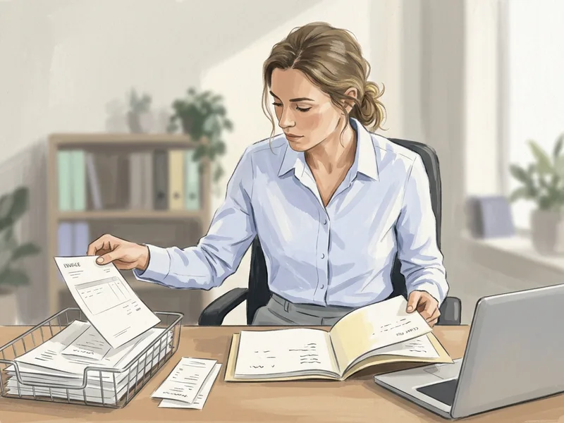 A lawyer lifting a supplier invoice off a tray of paper at her desk