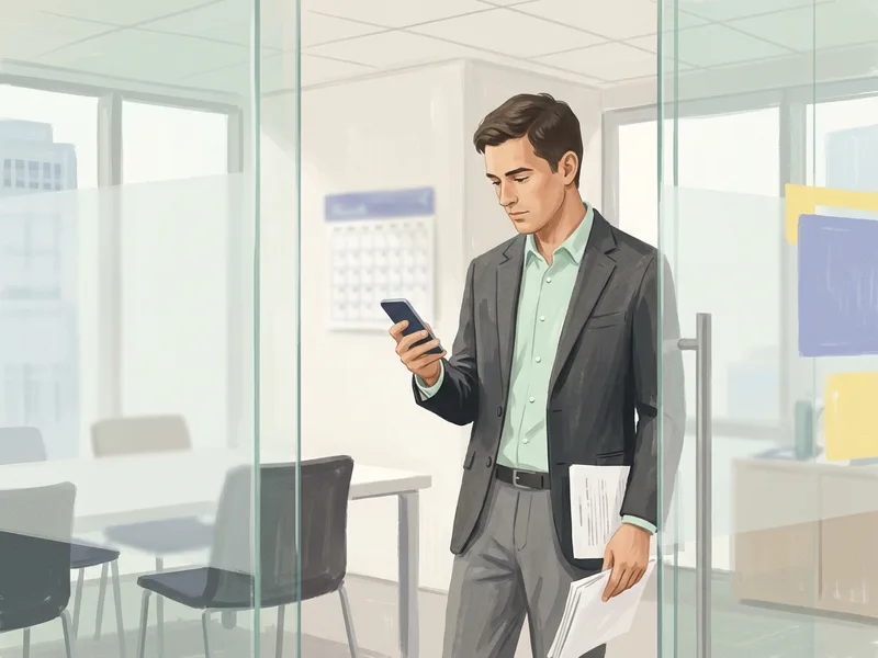A consultant in a glass meeting room reading a leave request on his phone