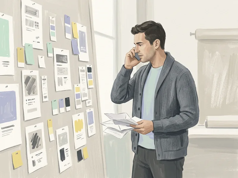 An agency lead on the phone with a supplier at a wall of printed proofs