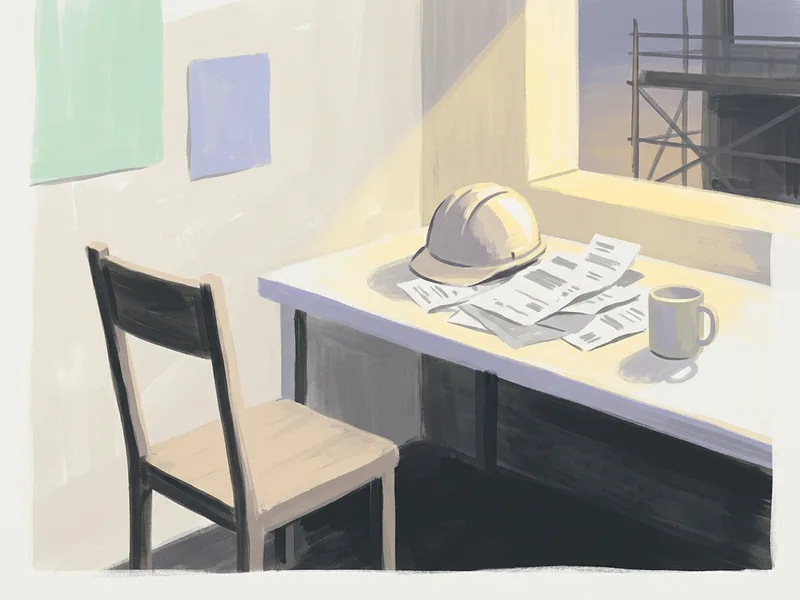 An empty site office at dusk, a hard hat resting on a pile of receipts