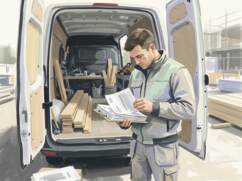 A builder at the back of his van, sorting a clipboard of supplier delivery notes