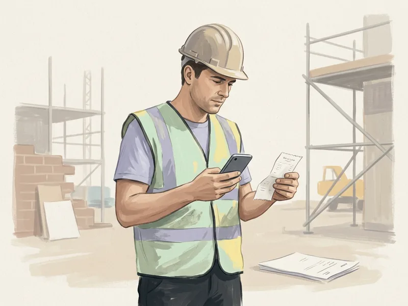 A site foreman in a hard hat checking a paper receipt against his phone